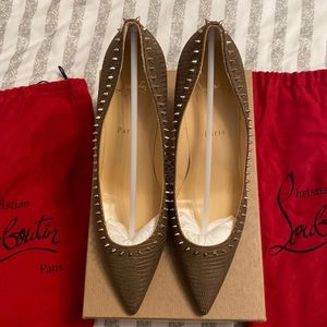 Christian Louboutin tan heels with gold spikes. Brand new.